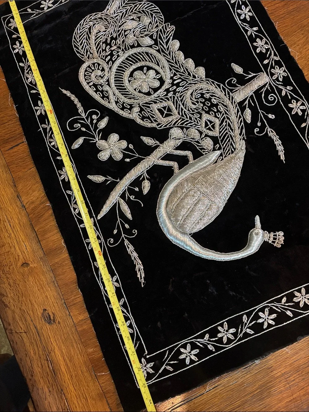 Embroidered Peacock Wall Hanging in Silver on Black